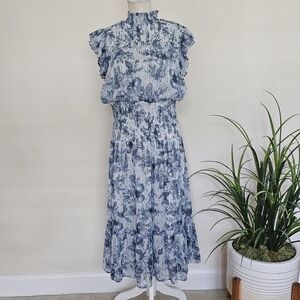 AQUA Metallic Dot Floral Print Smocked Midi Dress Blue And Gold Like New Size XL
